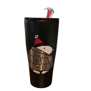 Peanuts Black Tumbler With Snoopy Puffer Jacket Design